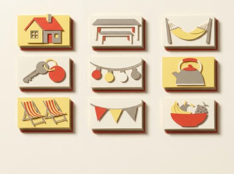 Papercut home and summer icon set for lifestyle planning