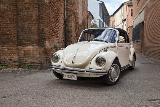 Vintage German Volkswagen Type 1 Beetle Cabriolet traveling during a classic car rally, in November 11, 2018 in Bagnacavallo, RA, Italy