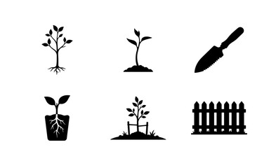 Fototapeta premium Gardening Icons Set: Plant Growth, Saplings, Tree, Trowel, Potted Plant, Fence, Vector Graphics for Agriculture and Horticulture