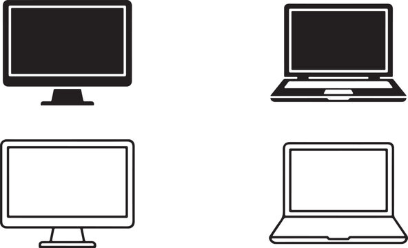 Minimalist black and white computer icons featuring desktop monitor and laptop silhouettes for user interface design
