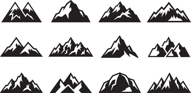 Set of twelve minimalist mountain range icons featuring snow-capped peaks and jagged rocks in a flat black and white silhouette design
