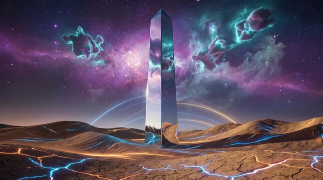 Metallic monolith standing on glowing alien desert planet