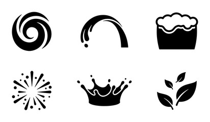 Naklejka premium Black Silhouette Icons: Swirl, Water Splash, Foam Cup, Burst, Crown Splash, Leaf Set - Versatile Vector Graphics for Design Projects