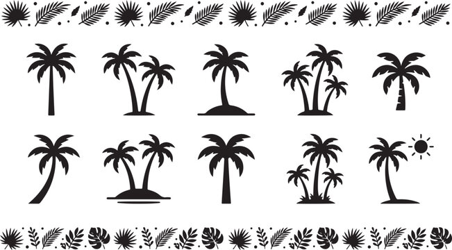 Set of palm tree silhouettes and tropical leaves with sun icons in a minimalist flat vector design for summer travel and branding projects