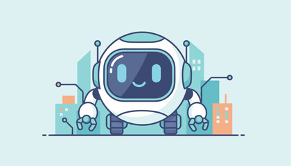 Fototapeta premium Cute round white robot assistant standing in front of a futuristic cityscape with colorful cartoon buildings and circuit lines.