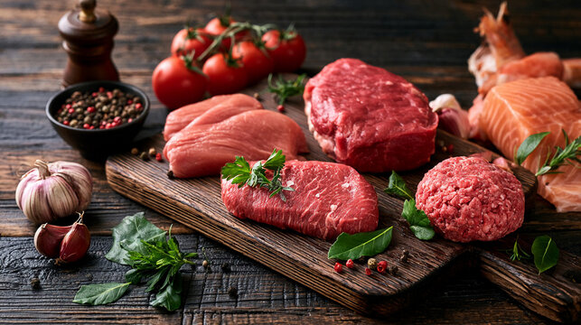 Fresh meat selection with tomatoes, spices, and garlic on wooden cutting board