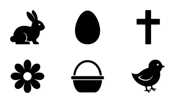 Easter Icons Set: Rabbit, Egg, Cross, Flower, Basket, Chick Vector Graphics for Spring Celebrations and Religious Holidays