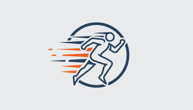 Dynamic running man logo symbol represents speed, fast delivery, athletics, fitness, health, and quick motion.