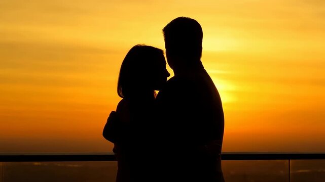 Silhouetted pair embracing on balcony at warm sunset, with gentle head tilt, close body contact, city horizon glow, calm backlight, and quiet intimate mood above scenic view
