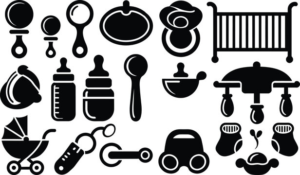 Baby care childhood silhouette icon set illustration, pacifier rattle bottle spoon bowl bib crib stroller toy car mittens