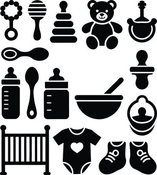 Baby care childhood silhouette icon set illustration, toy rattle pacifier bottle crib shoes teddy spoon carrier vector