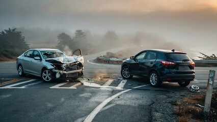 Fototapeta premium Two wrecked cars involved in a serious road traffic accident on a foggy coastal highway