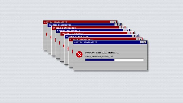 Multiple retro computer error windows pop up on screen