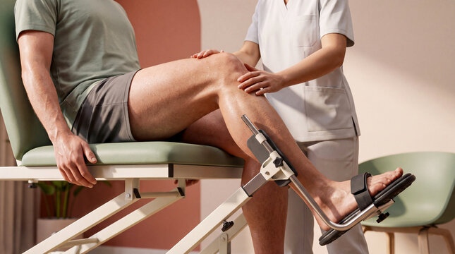 A person performs exercises to restore the musculoskeletal system and knee function. Visualization of the leg muscles. Physical therapy