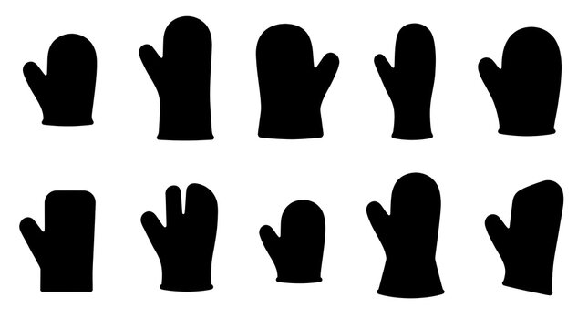 Oven mitt types and heat resistant kitchen glove silhouette vector icon set including cooking mitten, baking glove, silicone pot holder glove and padded oven glove
