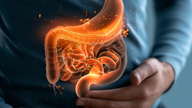 Understanding human digestion with a visual of the stomach and intestines during a health discussion