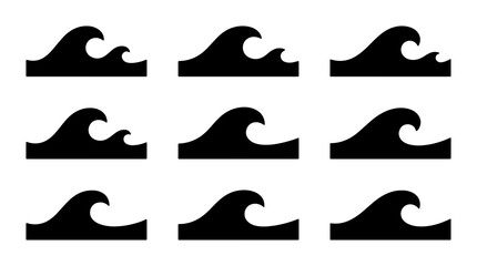 Fototapeta premium Set of 9 Black Wave Icons, Ocean Swells Vector Graphics, Sea Water Surfing Elements, Nautical Marine Design Assets