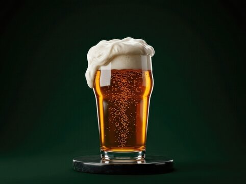 Beer glass with foam on dark green studio background