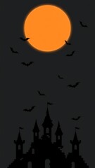Fototapeta premium Haunted Castle Silhouette with Orange Moon and Flying Bats