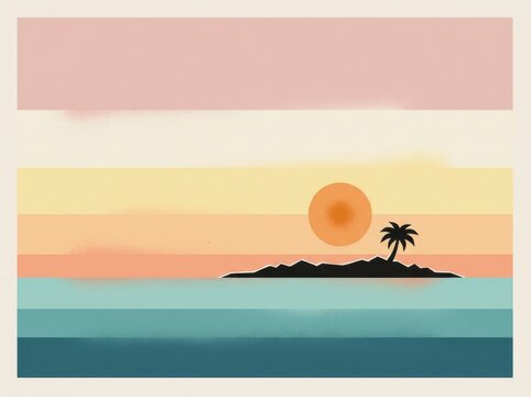 Pastel island sunset with palm tree and calm sea stripes