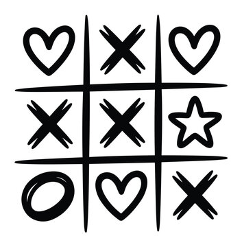 Creative tic tac toe grid design with hand drawn heart star and cross symbols in black lines.