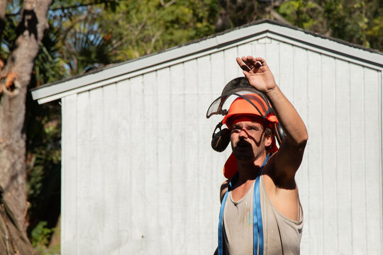 Portrait of a manual worker wearing a protective mask and workwear standing in a garden with a raised hand