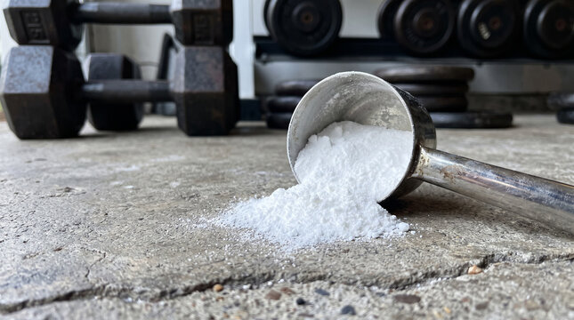 Pure white creatine monohydrate powder spills from a silver metal scoop onto a concrete floor. Heavy iron dumbbells are slightly blurred in the background under cool light.