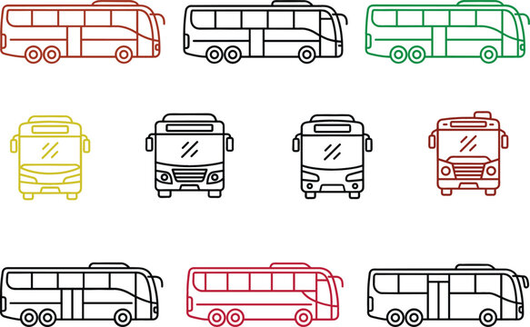 Colorful travel coach and city bus line icon set featuring front and side view vehicle vector design