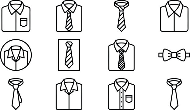 Formal men suit shirt and necktie line icon set featuring business dress clothing bow tie and wardrobe vector elements