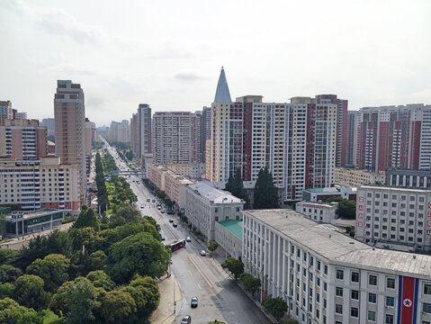 High-angle view of Pyongyang cityscape with Ryugyong Hotel, North Korea