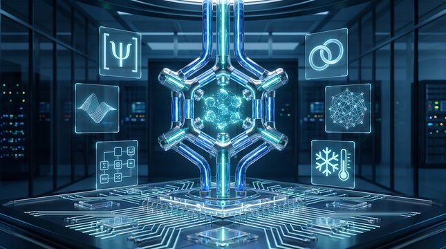 Futuristic data center processor with glowing light pipes and floating holographic science data interface panels