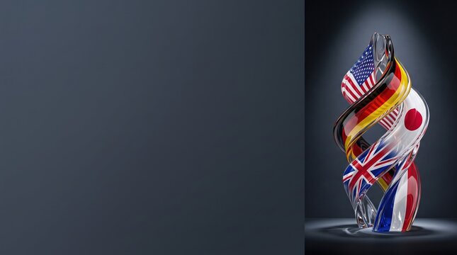 Glass Torch Monument Wrapped in World Flags on Dark Background