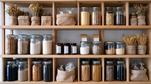Wooden shelves ed with glass jars of grains  dried herbs  and pantry staples in a clean  organized storage space