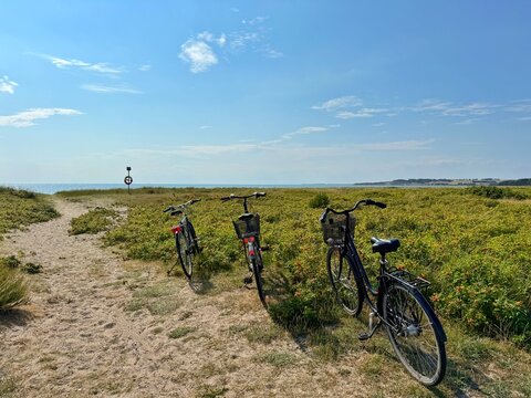 Three bicycles parked on a sandy beach on a summer day, Langoer, Samsoe, Jutland, Denmark