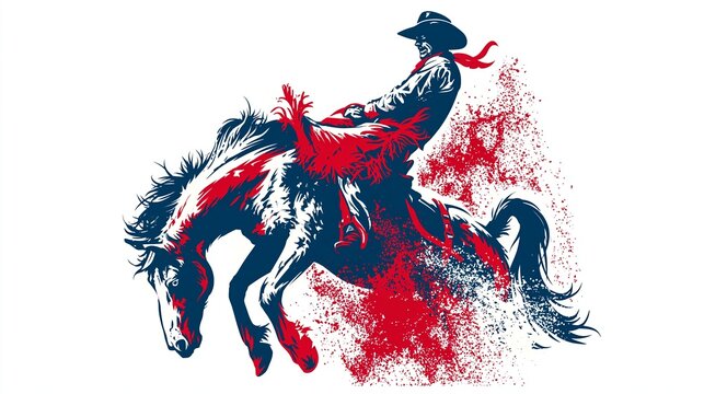 Cowboy riding bucking bronco with dynamic red splashes. Cowboy rider skillfully staying on a wild bucking bronco in a challenging rodeo event