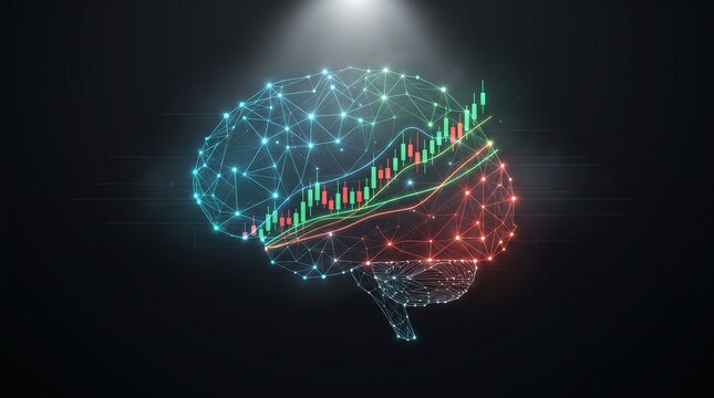 Digital brain concept with stock market candlestick chart and data analysis
