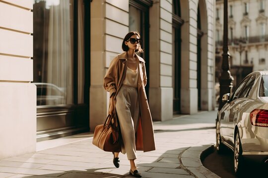 Cinematic shot of an elegant woman with a traveling bag near a luxury hotel estate in the morning. High-end travel concept with a woman and luxury baggage outside a French hotel.