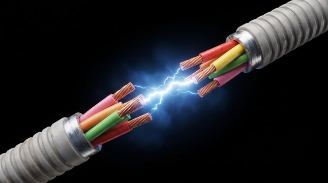Electric arc between two stripped electrical cables on black background