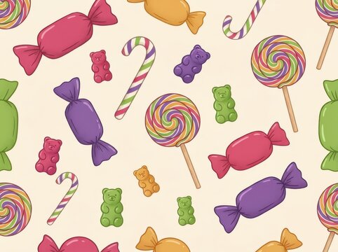 Confectionery pattern with lollipops gummy bears and candy canes
