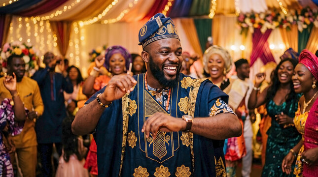 African man dancing happily in traditional agbada at wedding celebration for cultural websites, event promotion, marriage blogs, and festive cards