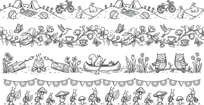 Whimsical nature seamless border set camping floral campfire forest animals line art vector illustration collection.