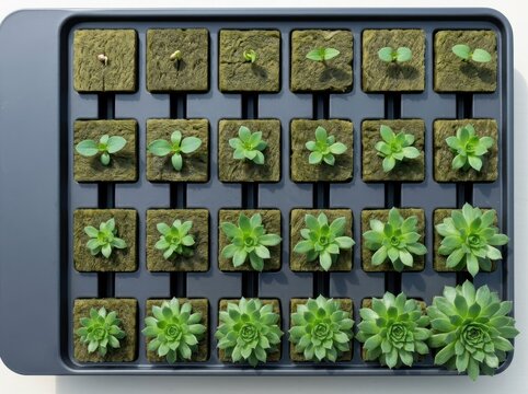 Succulent seedlings in a propagation tray with neat green rosettes