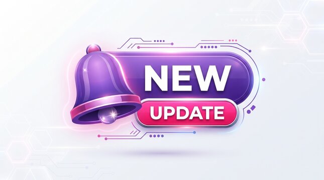 New update notification banner with a purple bell icon and tech elements