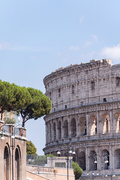 Close-up of part of the Colosseum with a blue sky background, Rome, Lazio, Italy