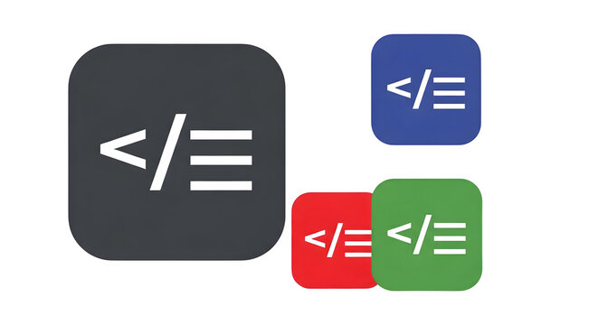 Set of colorful web development code symbols on a transparent background for digital software interface design