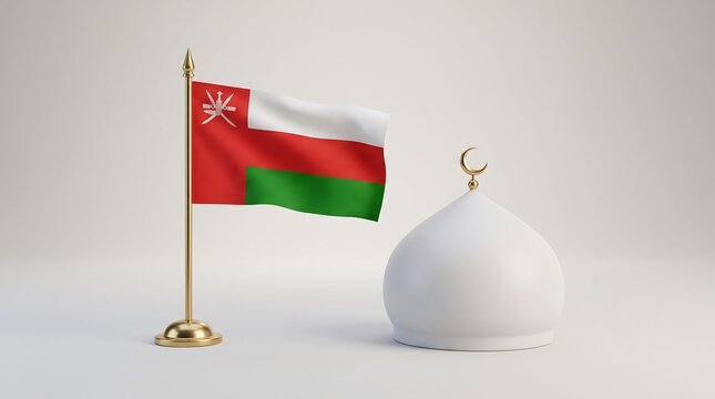 Oman flag on golden desk pole next to white mosque dome symbol for religious and national representation