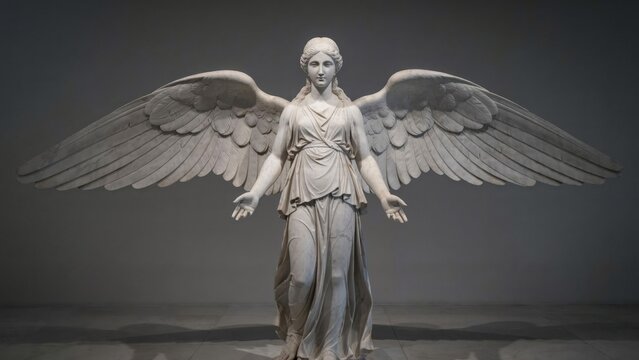 Classical marble angel statue with large wings, elegant stone sculpture of a winged woman, celestial guardian figure in white marble