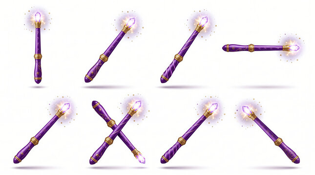 Purple magic wands glowing in various poses