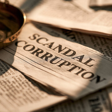 Elegent photo of A close-up of newspaper headlines reading Scandal and Corruption under dramatic sunlight. This image illustrates concepts of political investigation, journalism.