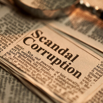 Elegent photo of A close-up view of printed text emphasizing scandal and corruption in a newspaper. It highlights the concept of political controversy and investigative journalism.